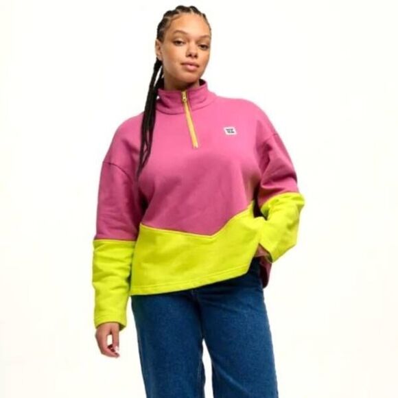 Lucy & Yak Taylor - Half Zip Cotton Sweatshirt in Grape & Green Block sz Medium - Picture 1 of 4